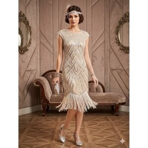 Babeyond Women Champagne Sequin Pearl Flapper Dress Gatsby 1920s Fringe Large